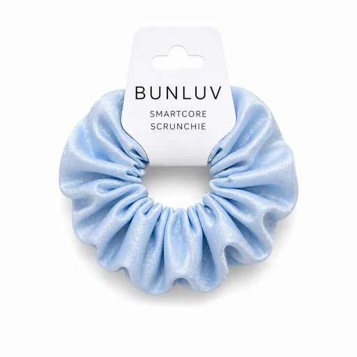 Light blue scrunchie on a white background with 'BUNLUV' label.