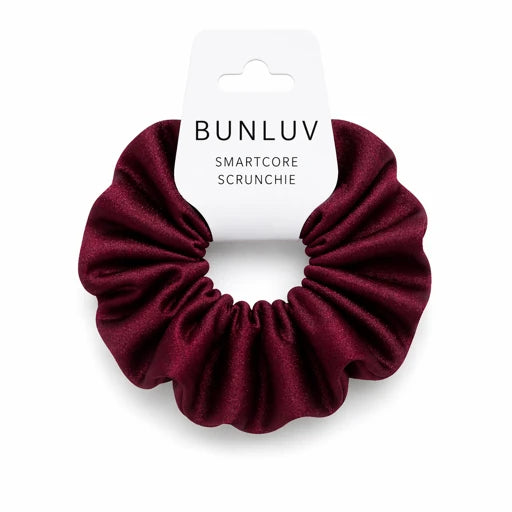 Maroon scrunchie on a white background with 'BUNLUV' packaging.