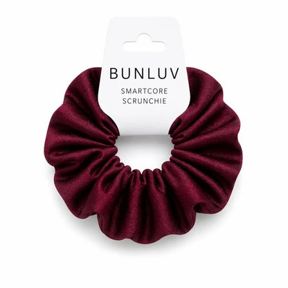 Maroon scrunchie on a white background with 'BUNLUV' packaging.