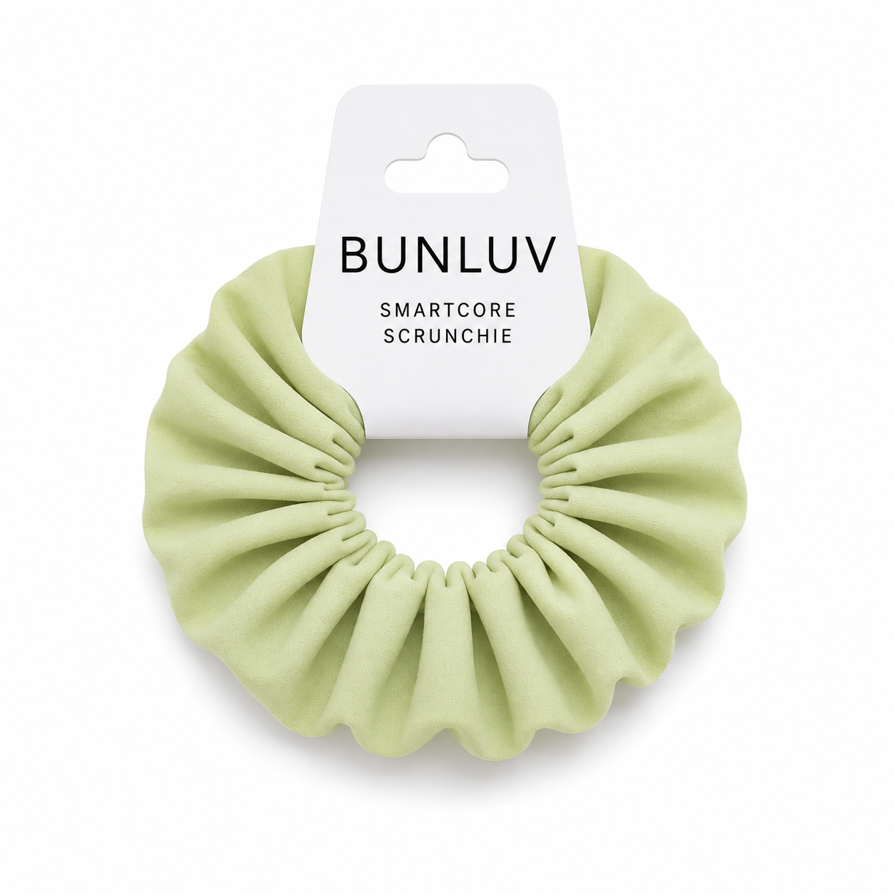 Light green school smartcore spiral scrunchie with 'BUNLUV' packaging on a white background