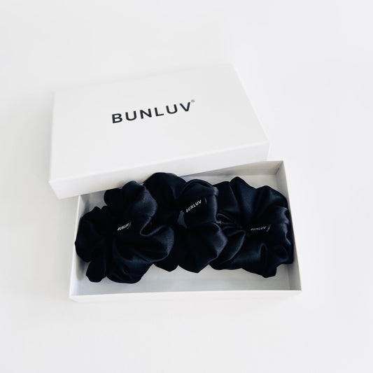 Set of 3 black mulberry silk bunluv smartcore scrunchies in a bunluv box