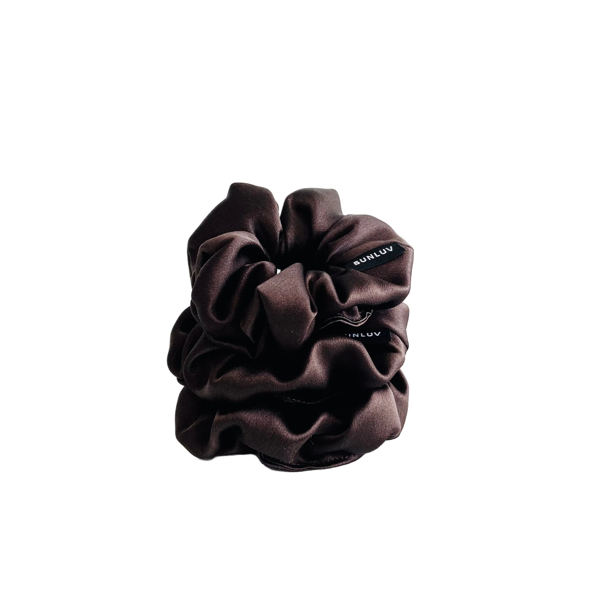 Set of 3 dark chocolate brown mulberry silk bunluv smartcore scrunchies no box stacked in 3