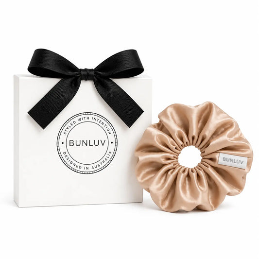 Nude mulberry silk scrunchie by BUNLUV, shown with gift box
