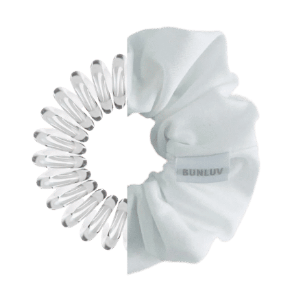 bunluv smartcore scrunchie a spiral hair tie inside a white scrunchie on a white background 