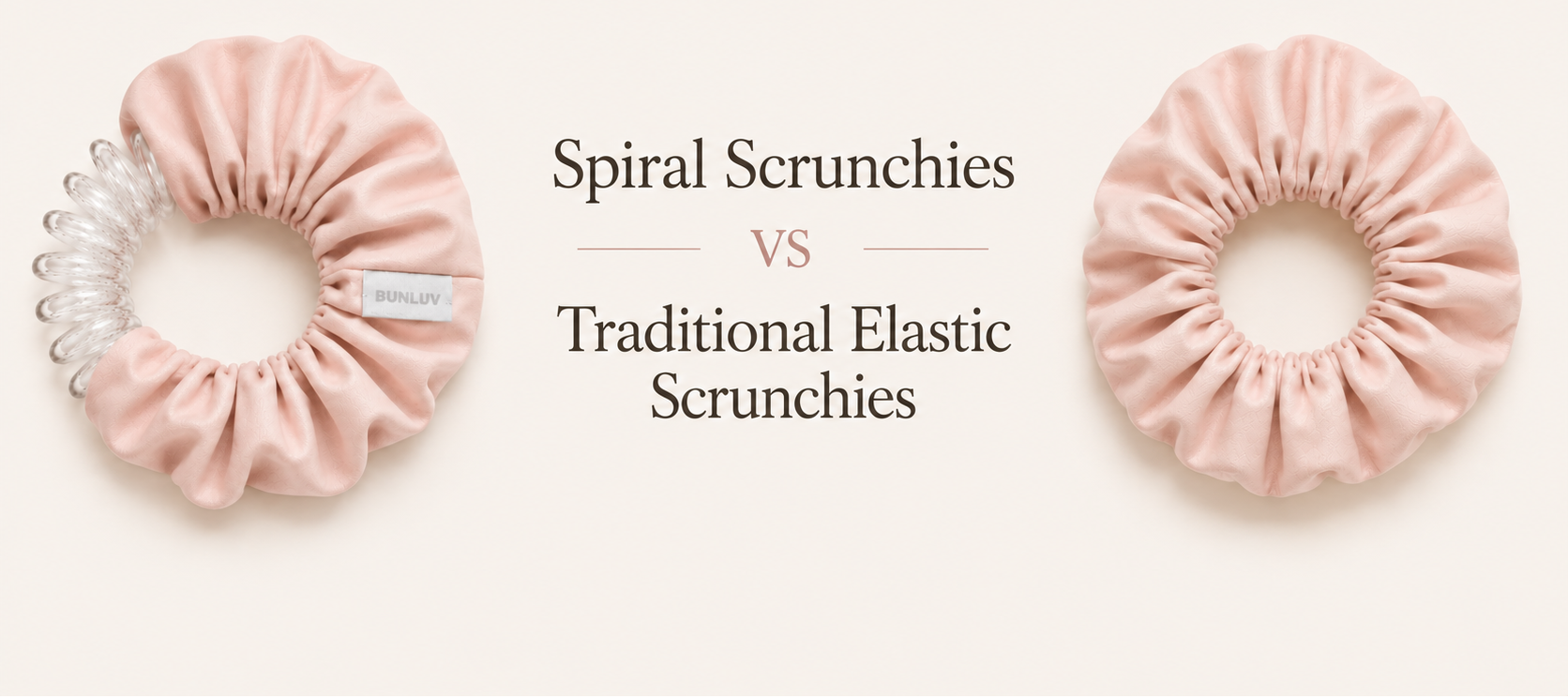 Comparison of spiral scrunchies and traditional elastic scrunchies on a light background