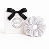 White satin scrunchie by BUNLUV, shown with gift box