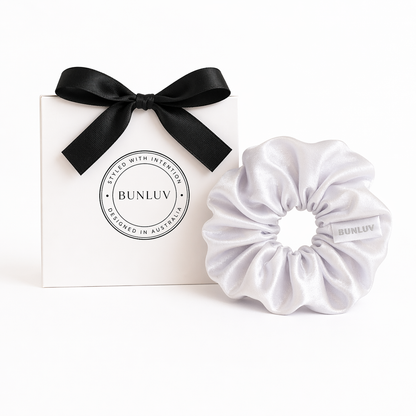 White satin scrunchie by BUNLUV, shown with gift box