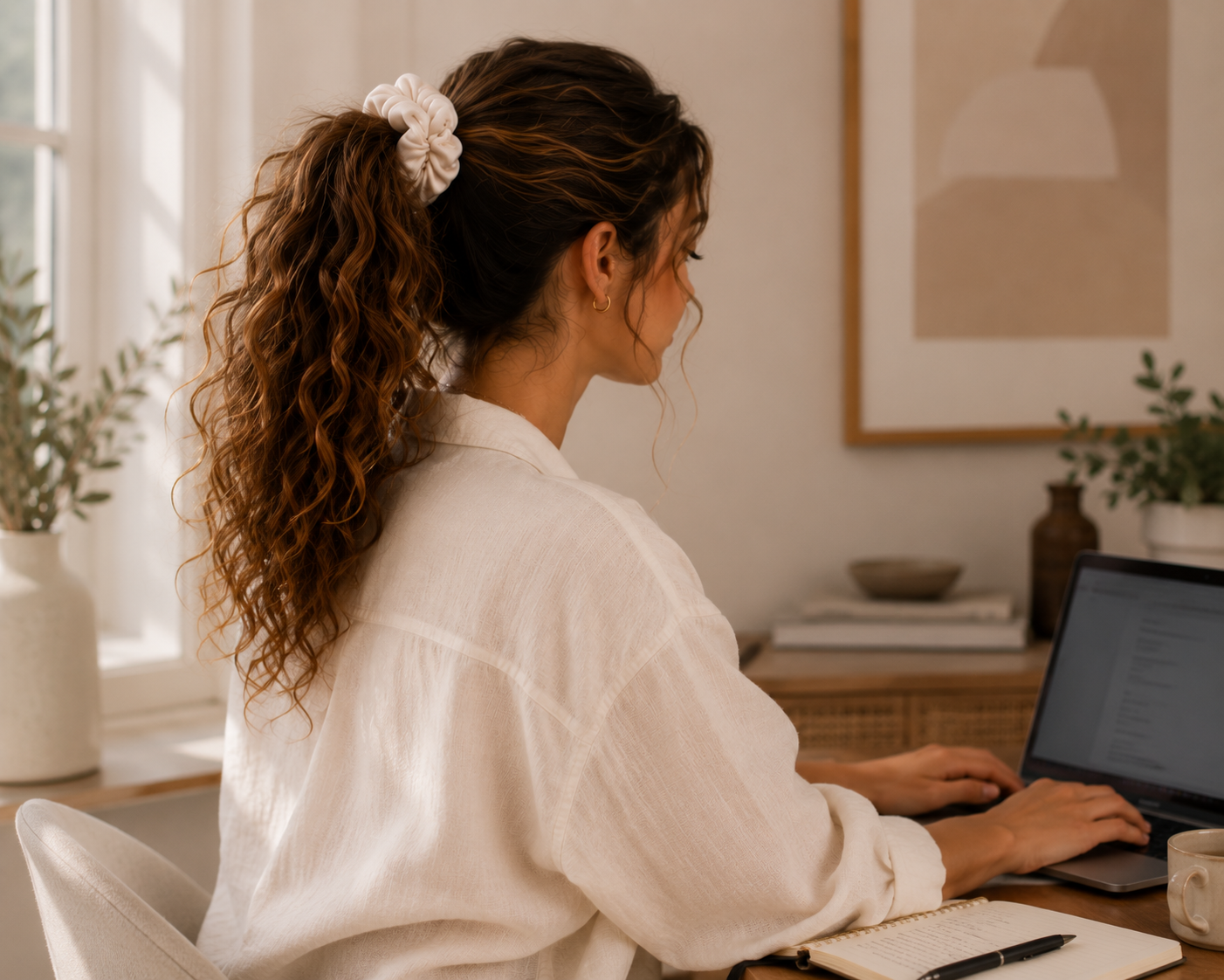 A woman with curly brown hair tied back in a high ponytail with a white BUNLUV scrunchie, wearing a white long-sleeve shirt, sitting at a desk and using a laptop in a bright, modern home office.