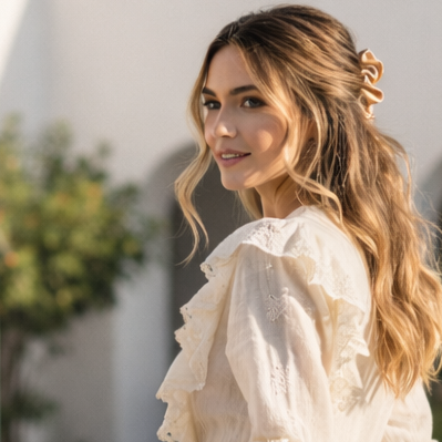 Woman in a white dress standing in front of a white building with columns wearing bunluv scrunchie