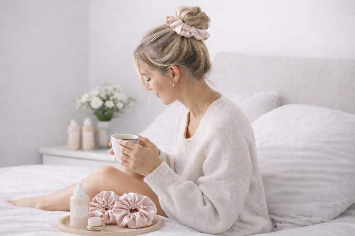 Woman sitting on a bed holding a mug, surrounded by decorative items wearing bunluv scrunchie part of partner program.
