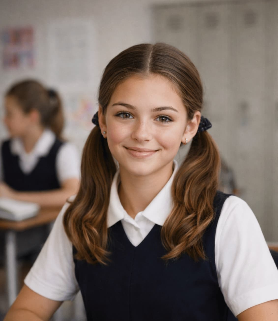 Young girl in a navy blue pinafore and white shirt wearing hair in piggy tails