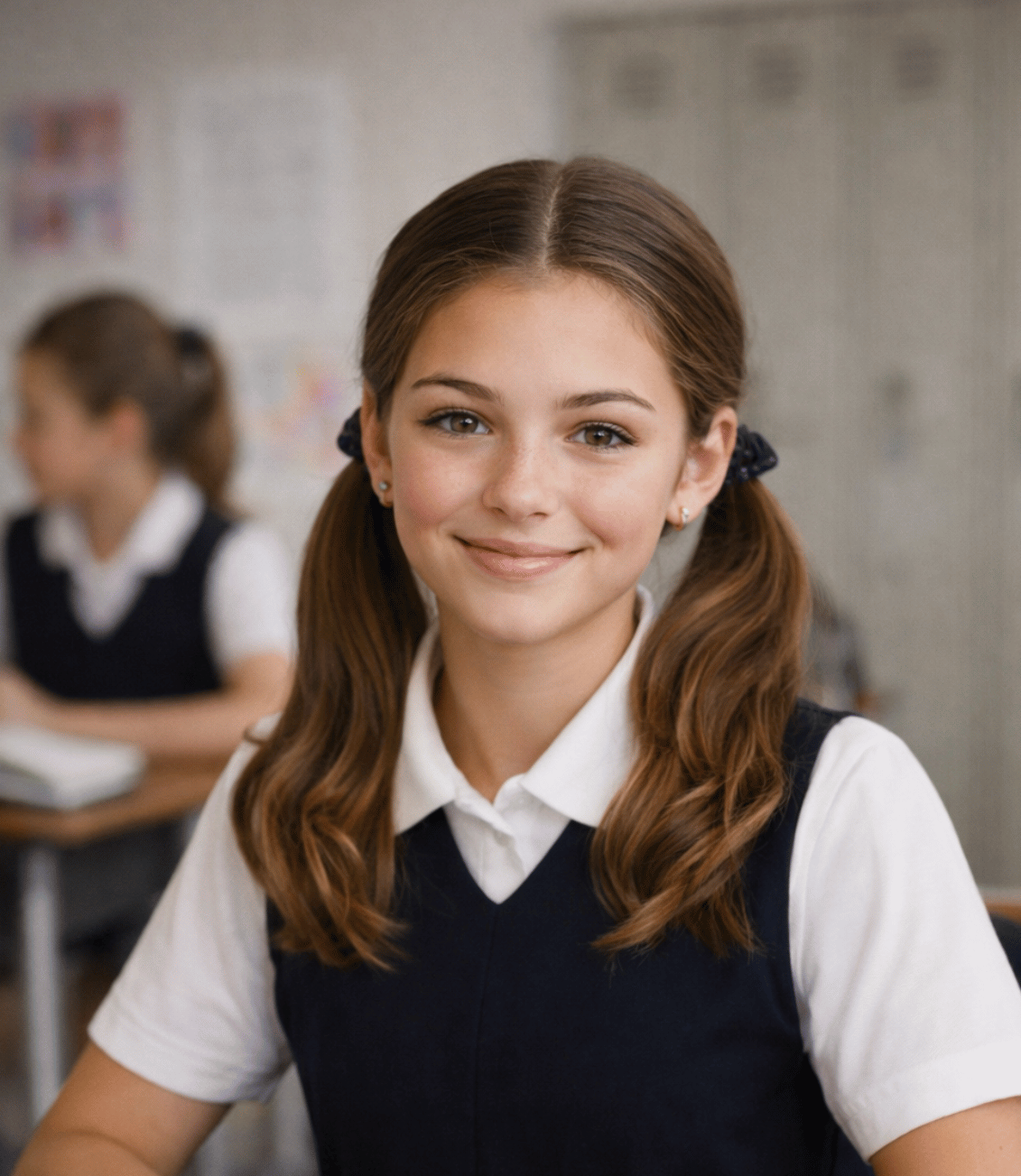 Young girl in a school uniform sitting at a desk with books, smiling wearing bunluv scrunchies.