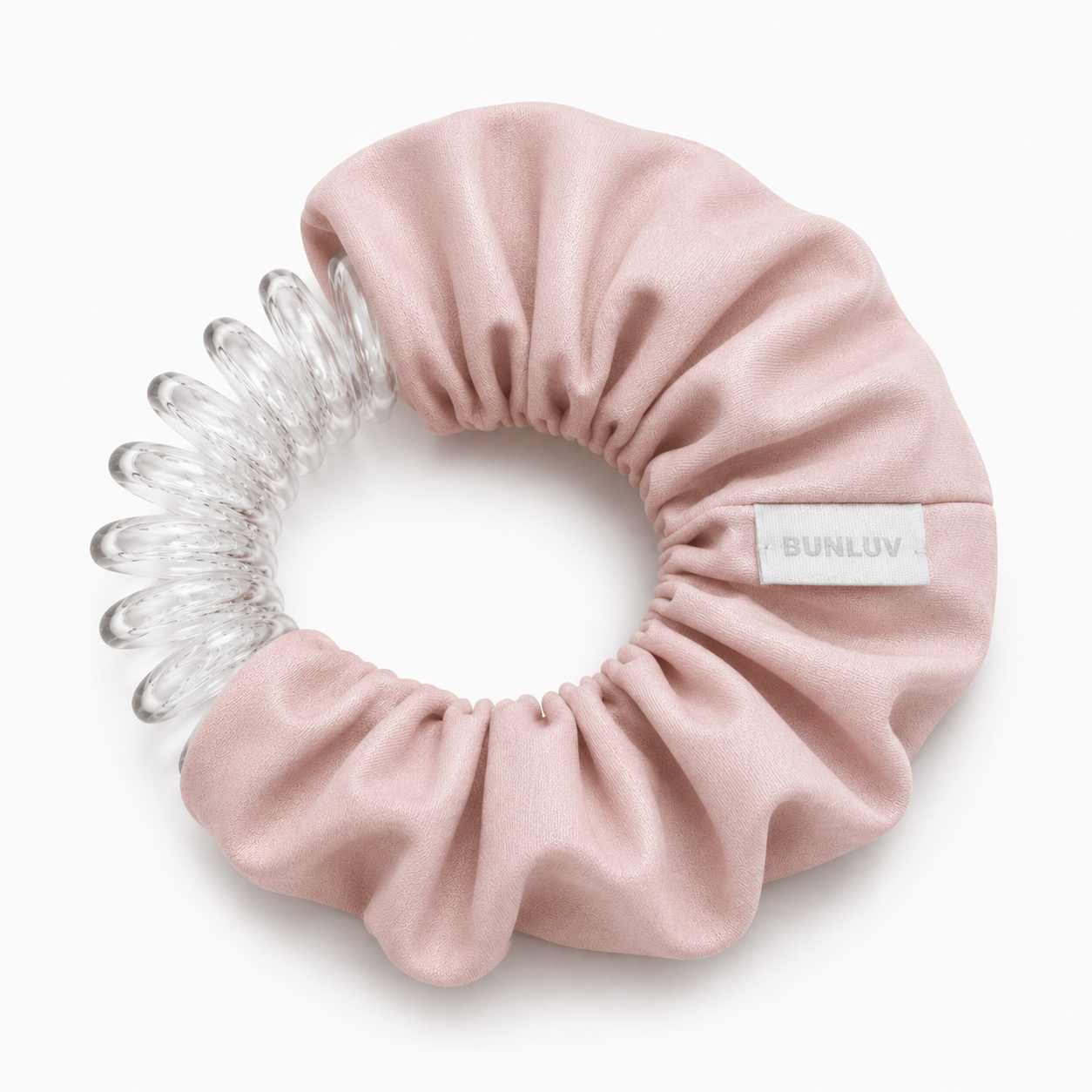 active blush pink scrunchie with clear spiral design on a white background, by BUNLUV