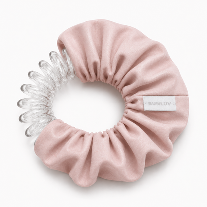 active blush pink scrunchie with clear spiral design on a white background, by BUNLUV