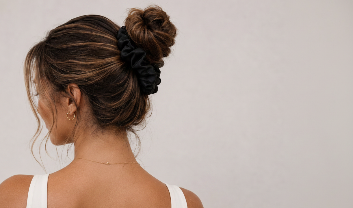 Woman with a stylish hair bun using a bunluv silk smartcore black spiral scrunchie on a plain background
