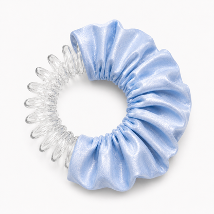 school light blue scrunchie with clear spiral design on a white background, by BUNLUV