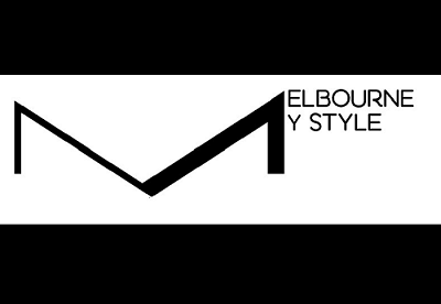 A black and white graphic featuring a stylized letter 'M' and the text 'MELBOURNE MY STYLE' on a white rectangular background, centered between black bars.