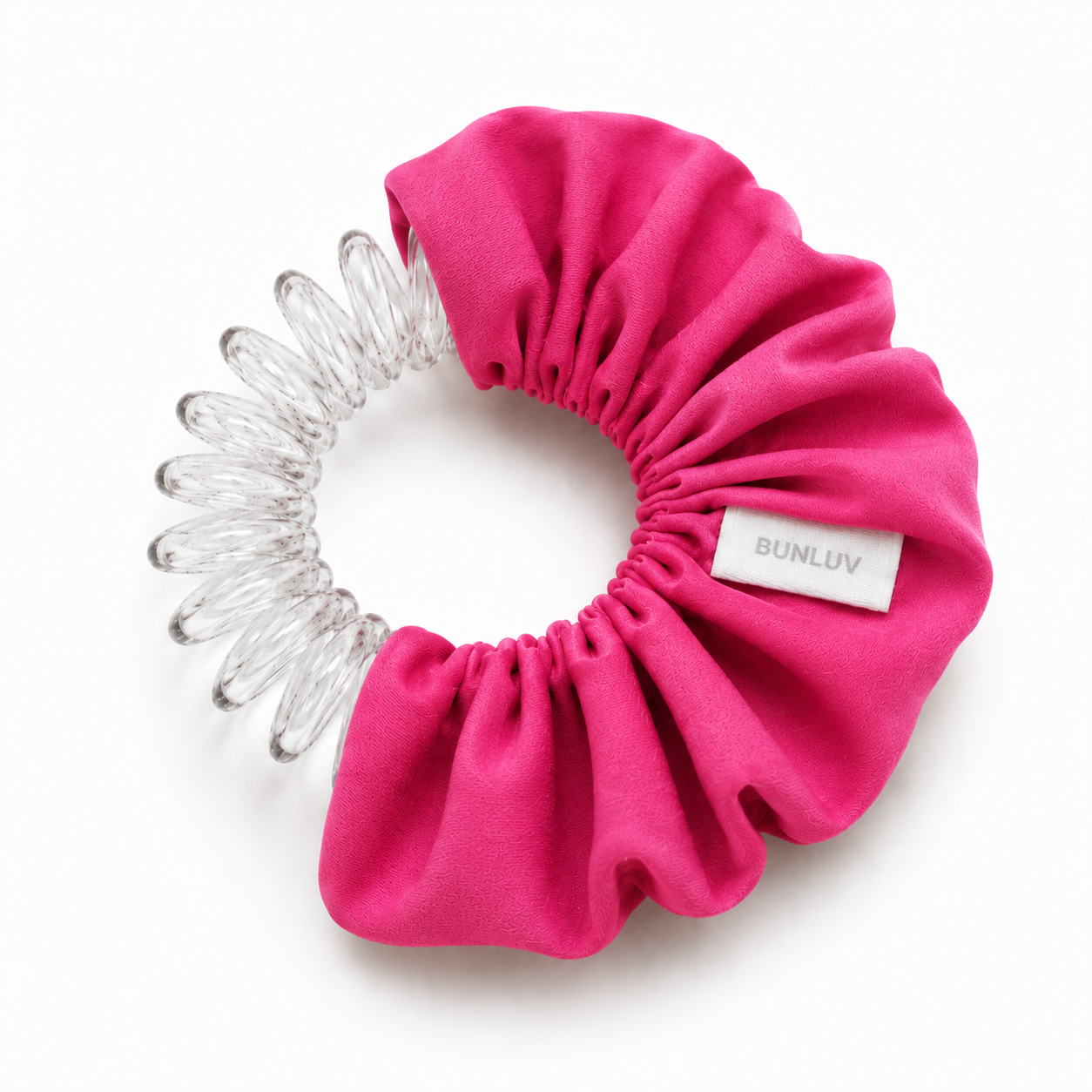 pink active scrunchie with clear spiral design on a white background, by BUNLUV