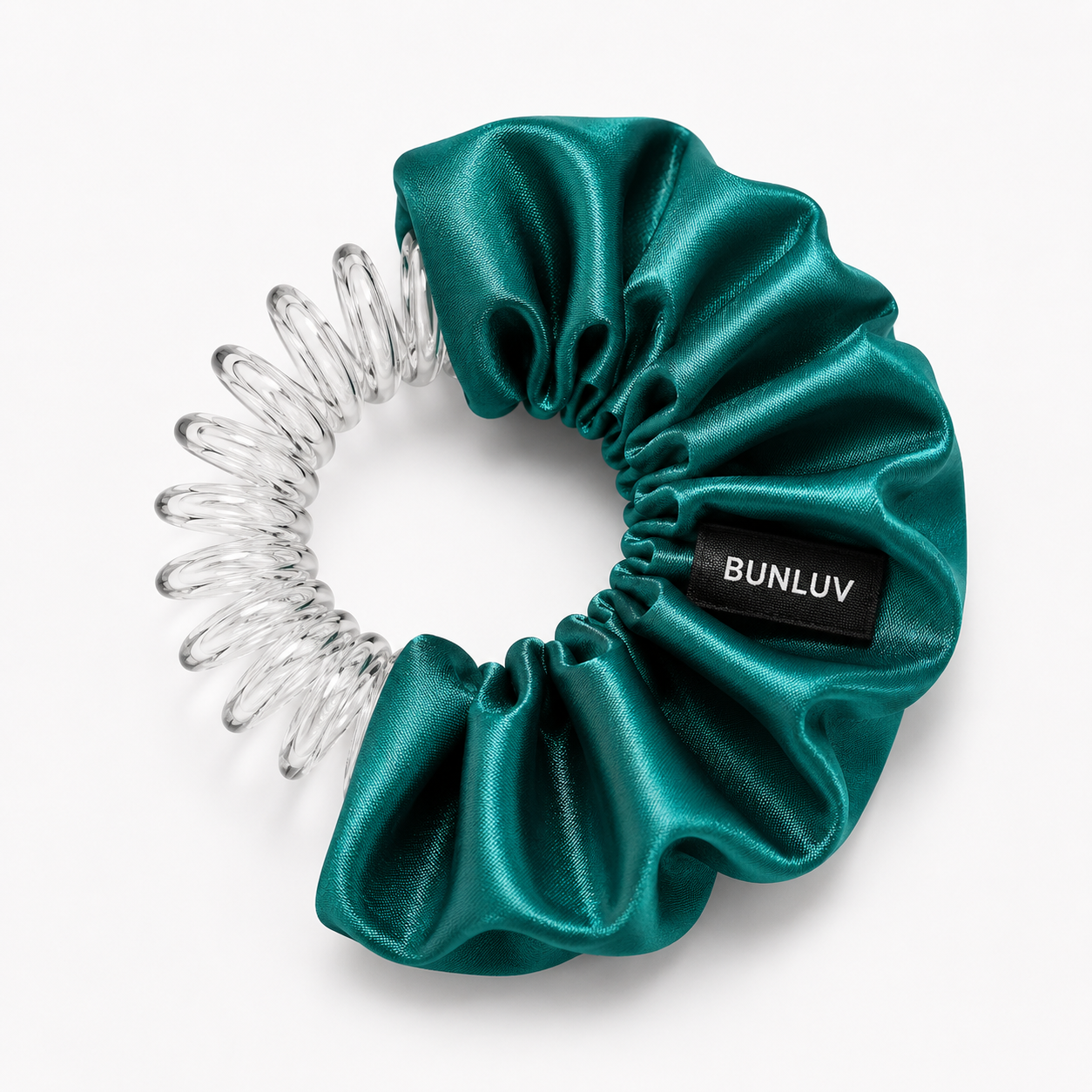 satin jade scrunchie with clear spiral design on a white background, by BUNLUV