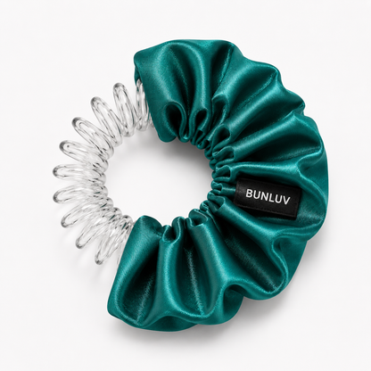 satin jade scrunchie with clear spiral design on a white background, by BUNLUV