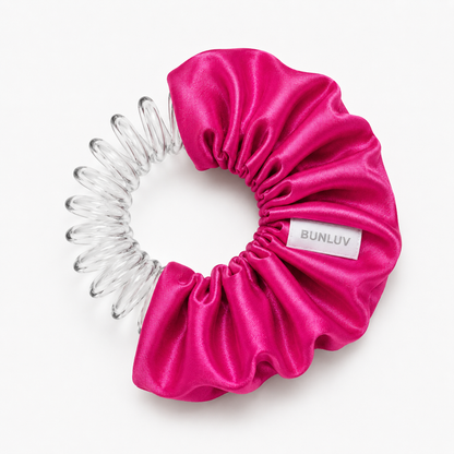 pink satin scrunchie with clear spiral design on a white background, by BUNLUV