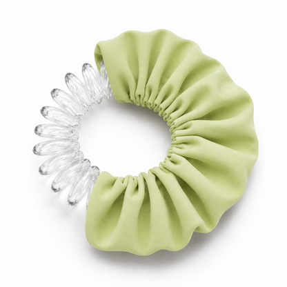 Light green BUNLUV school smartcore spiral scrunchie with inner spiral showing