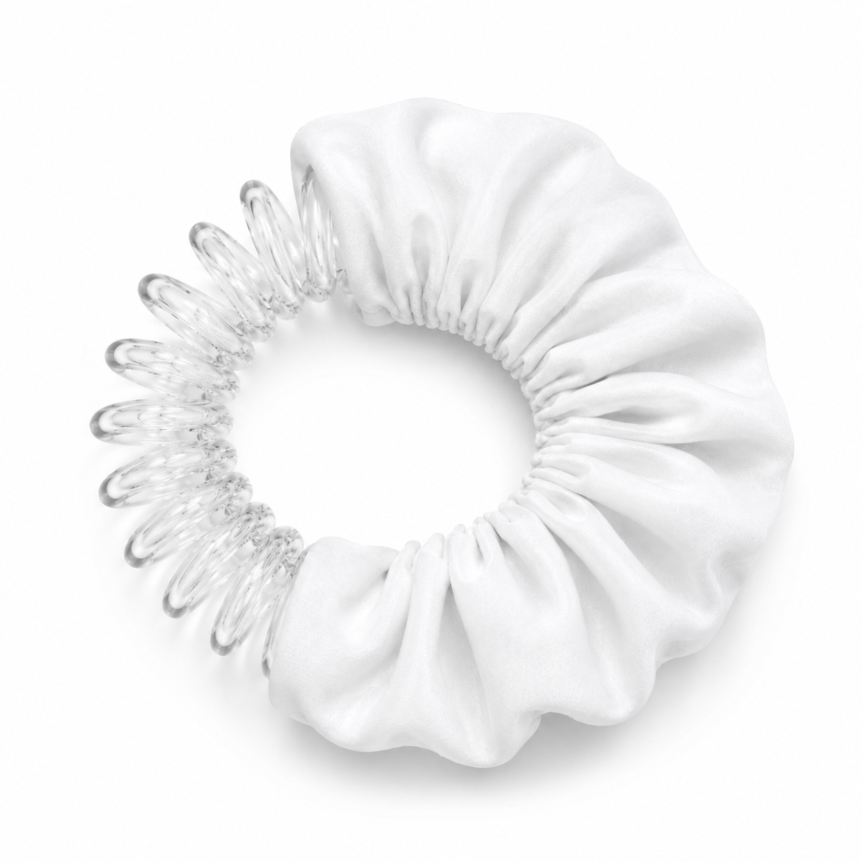 school white scrunchie with clear spiral design on a white background, by BUNLUV