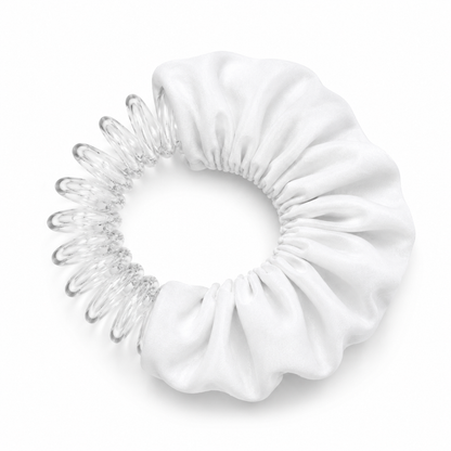 school white scrunchie with clear spiral design on a white background, by BUNLUV