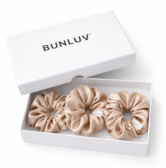 set if Three beige silk scrunchies in a white box with 'BUNLUV' branding on a white background