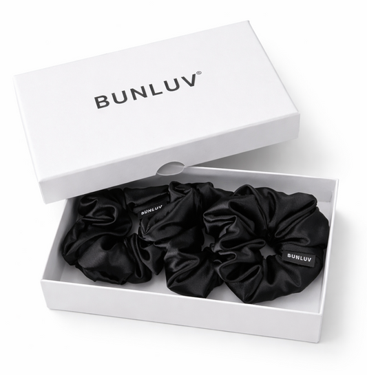 set of 3 Black silk scrunchies in a white box with 'BUNLUV' branding on a white background