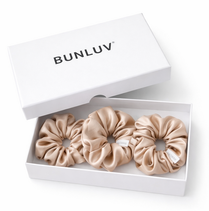 Set of 3 nude mulberry silk scrunchies by BUNLUV, shown with gift box