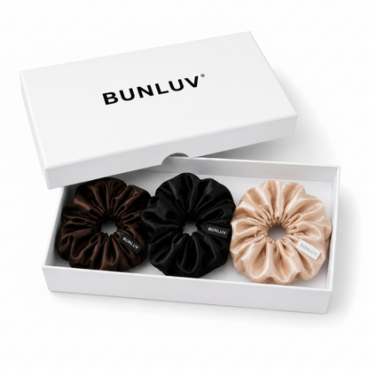 Three BUNLUV smartcore spiral scrunchies black, dark chocolate and nude in a white box with 'BUNLUV' branding 