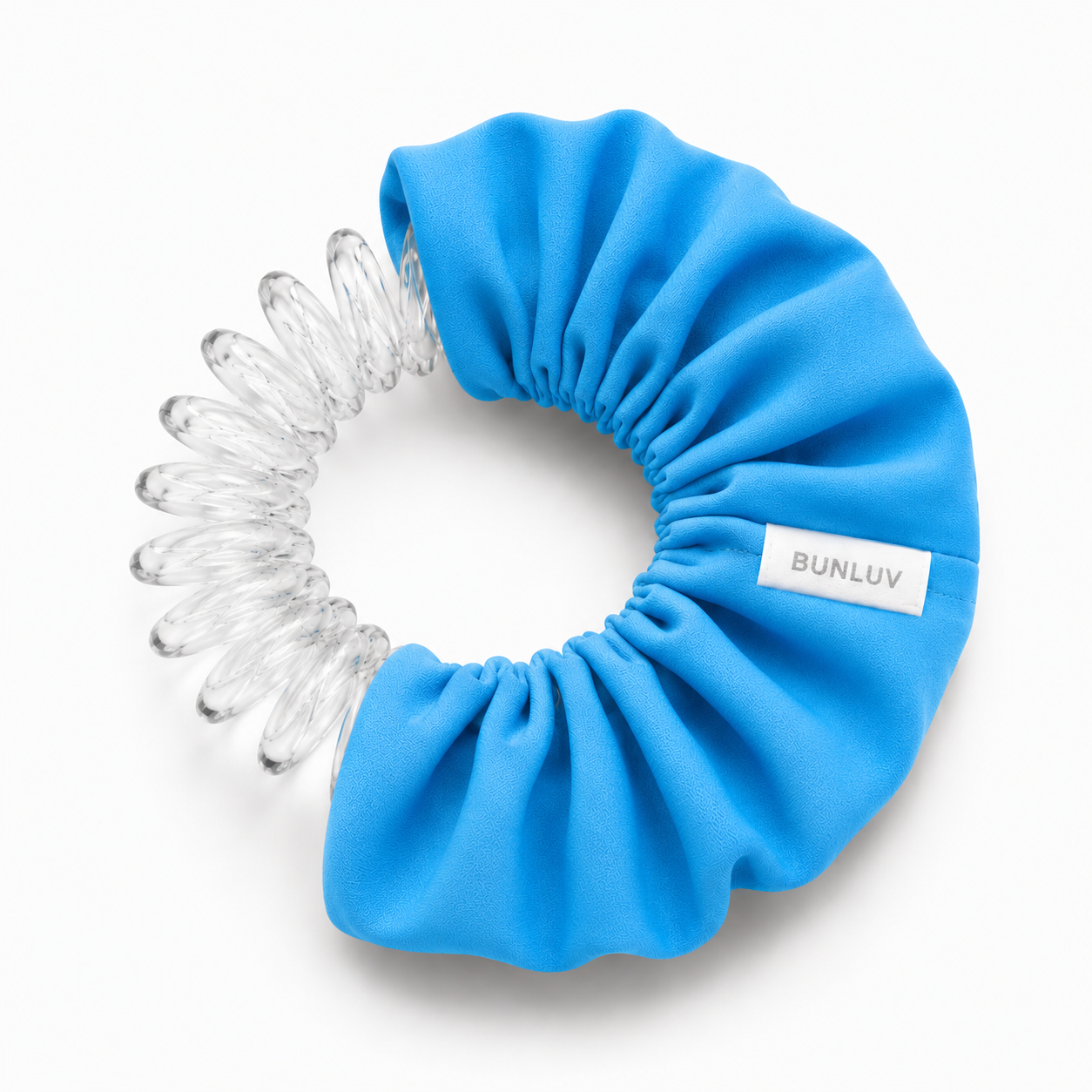 swim blue scrunchie with clear spiral design on a white background, by BUNLUV