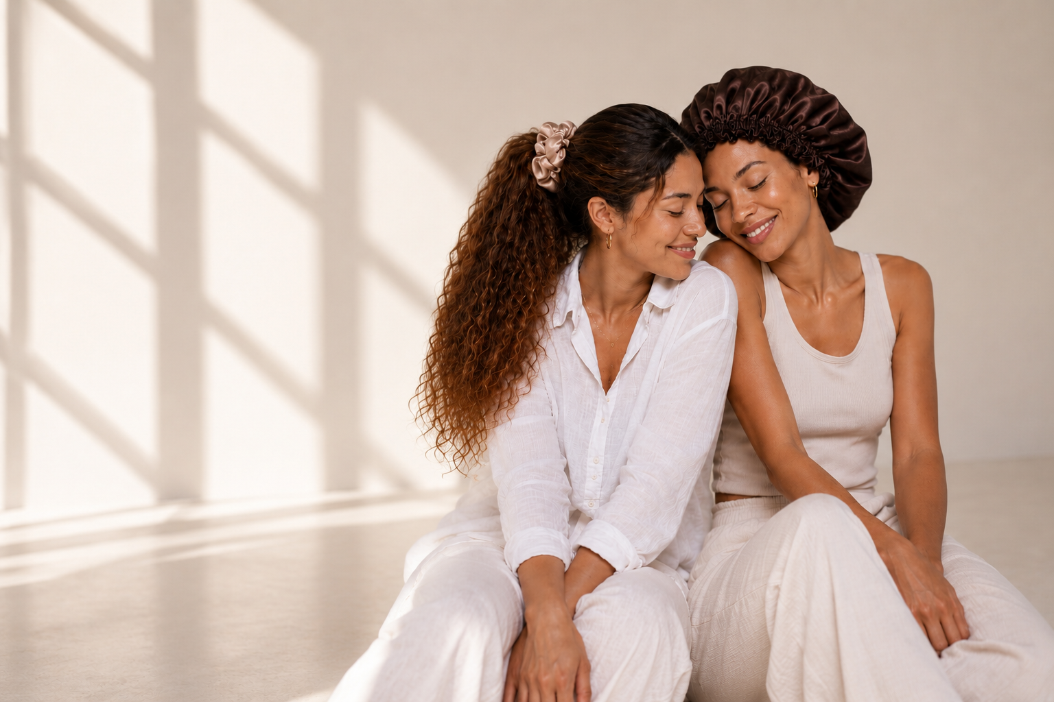 Two women sitting closely together in a bright, sunlit room. One wears a white button-up shirt and white pants, and the other wears a white tank top and white pants, with the first woman wearing a dark brown satin bunluv bonnet and the other wearing a nude silk bunluv scrunchie.